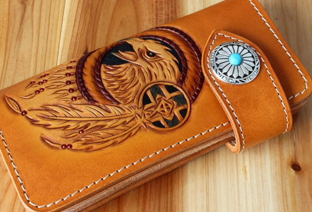 Handmade biker wallet leather eagle carved brown biker wallet chain Long wallet clutch for men