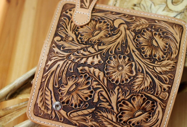 Handmade biker wallet leather floral carved biker wallet chain bifold Long wallet purse clutch for men