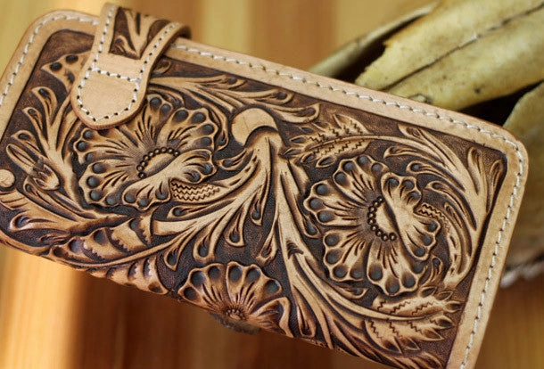 Handmade biker wallet leather floral carved biker wallet chain bifold Long wallet purse clutch for men