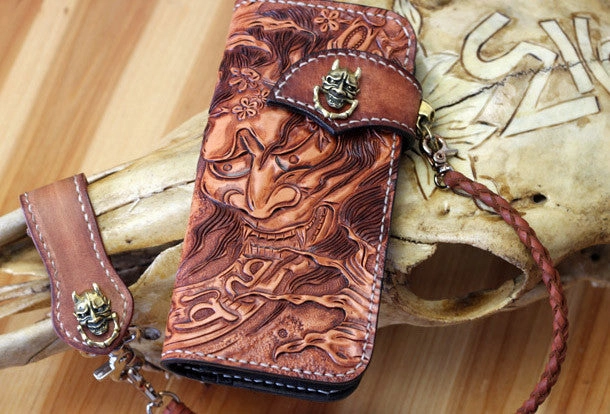 Handmade biker wallet leather Prajna Inuyasha carved biker wallet chian Long wallet clutch for men