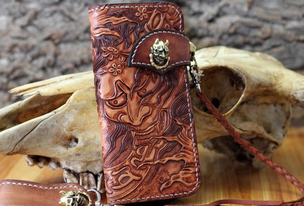 Handmade biker wallet leather Prajna Inuyasha carved biker wallet chian Long wallet clutch for men