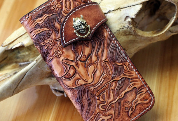 Handmade biker wallet leather Prajna Inuyasha carved biker wallet chian Long wallet clutch for men