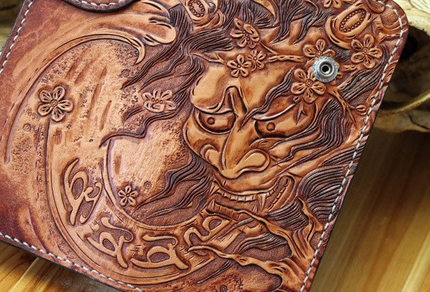 Handmade biker wallet leather Prajna Inuyasha carved biker wallet chian Long wallet clutch for men