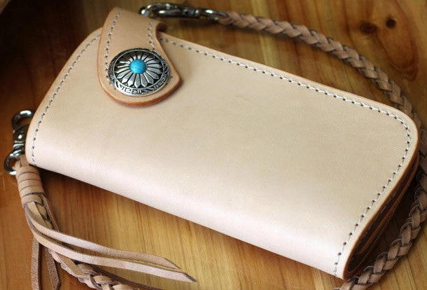 Handmade biker wallet leather vintage beige biker wallet chian Long wallet clutch purse for men