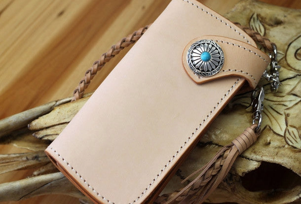 Handmade biker wallet leather vintage beige biker wallet chian Long wallet clutch purse for men