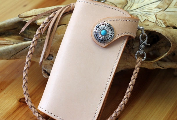 Handmade biker wallet leather vintage beige biker wallet chian Long wallet clutch purse for men