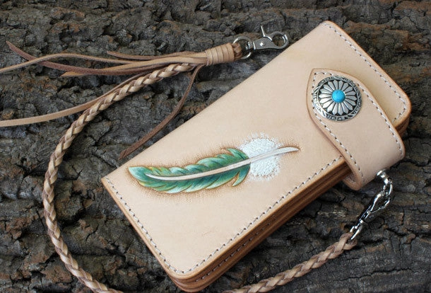 Handmade biker wallet leather vintage feather biker wallet chain Long wallet clutch purse for men