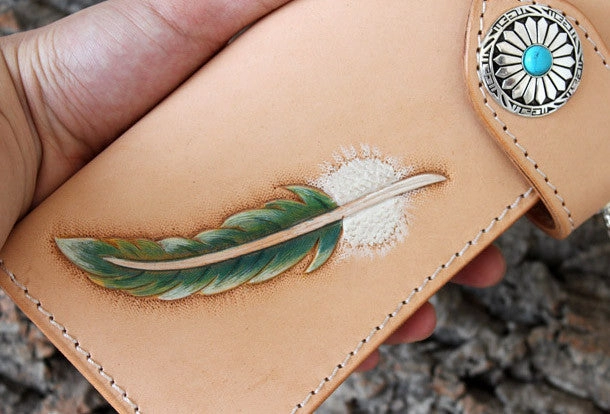 Handmade biker wallet leather vintage feather biker wallet chain Long wallet clutch purse for men