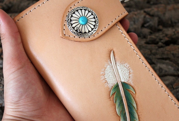 Handmade biker wallet leather vintage feather biker wallet chain Long wallet clutch purse for men