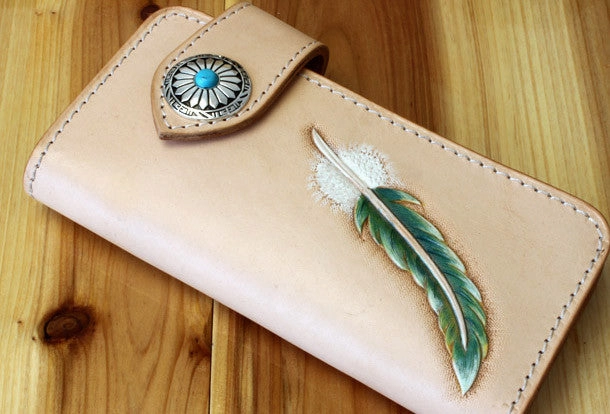 Handmade biker wallet leather vintage feather biker wallet chain Long wallet clutch purse for men