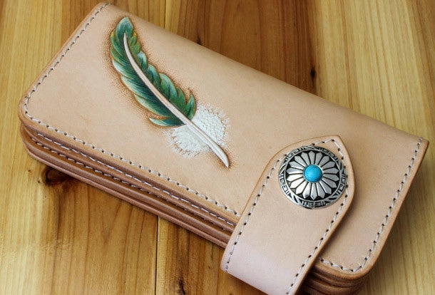Handmade biker wallet leather vintage feather biker wallet chain Long wallet clutch purse for men
