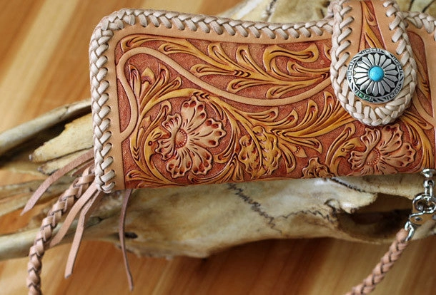 Handmade biker wallet vintage floral men biker wallet leather Long wallet purse clutch for men