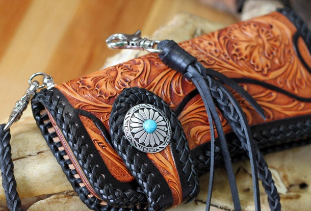Handmade biker wallet vintage floral men biker wallet leather Long wallet purse clutch for men