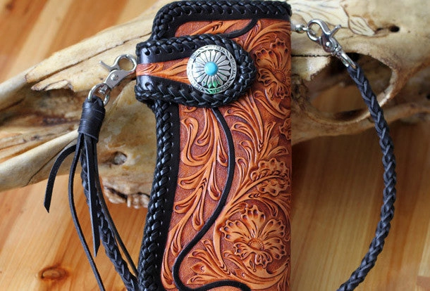 Handmade biker wallet vintage floral men biker wallet leather Long wallet purse clutch for men