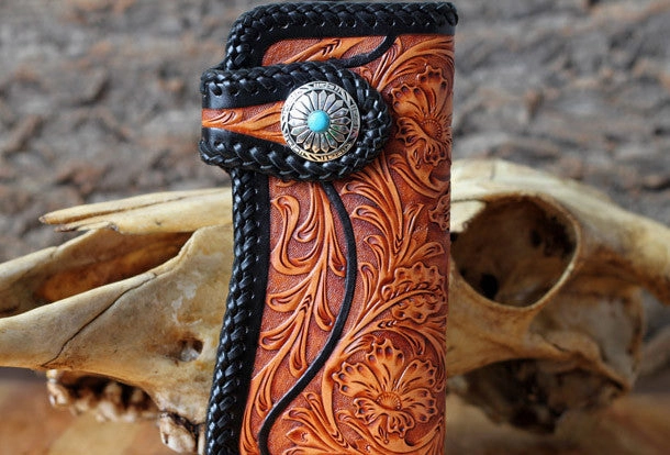Handmade biker wallet vintage floral men biker wallet leather Long wallet purse clutch for men