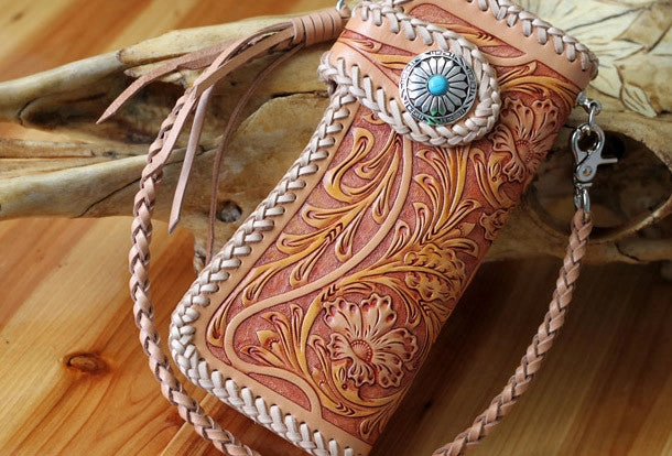 Handmade biker wallet vintage floral men biker wallet leather Long wallet purse clutch for men