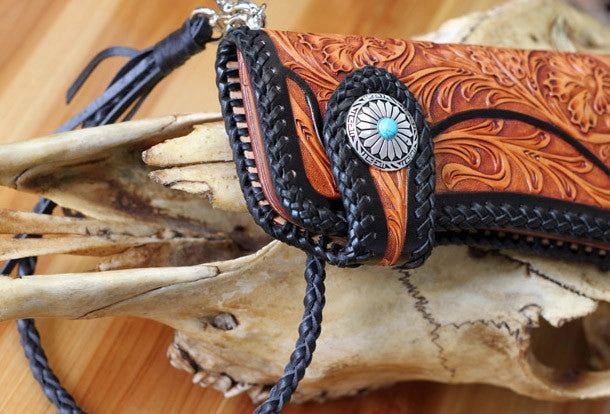 Handmade biker wallet vintage floral men biker wallet leather Long wallet purse clutch for men