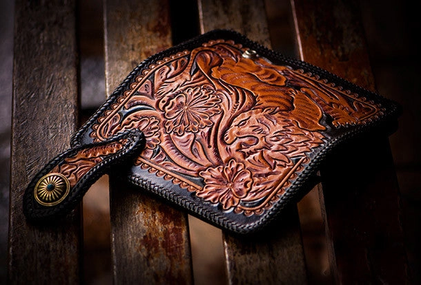 Handmade black brown leather floral tiger carved biker wallet Long wallet clutch for men