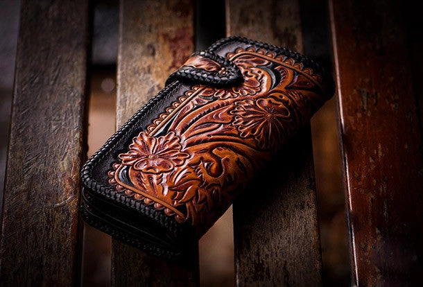Handmade black brown leather floral tiger carved biker wallet Long wallet clutch for men