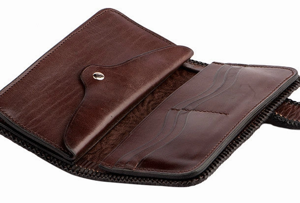Handmade black brown leather floral tiger carved biker wallet Long wallet clutch for men