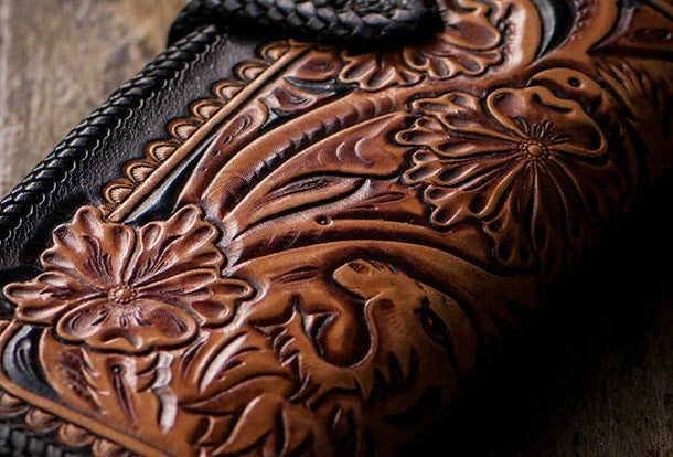 Handmade black brown leather floral tiger carved biker wallet Long wallet clutch for men