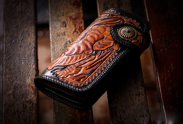 Handmade black brown leather floral tiger carved biker wallet Long wallet clutch for men