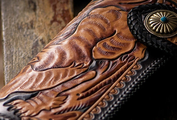 Handmade black brown leather floral tiger carved biker wallet Long wallet clutch for men