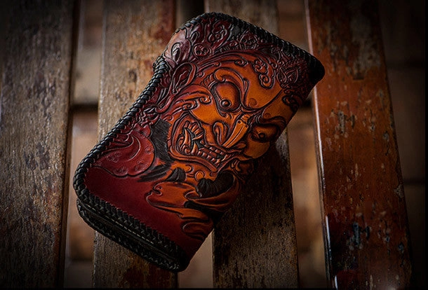 Handmade black brown leather prajna carved biker wallet Long wallet clutch for men