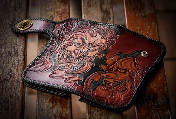 Handmade black brown leather prajna carved biker wallet Long wallet clutch for men