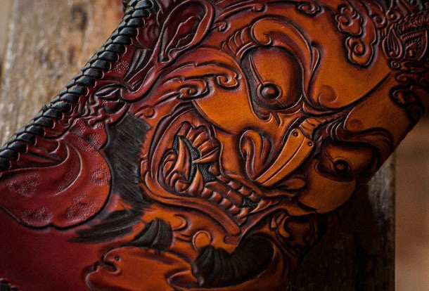 Handmade black brown leather prajna carved biker wallet Long wallet clutch for men