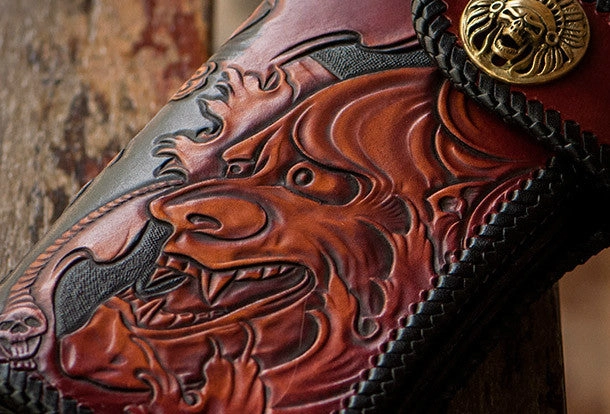 Handmade black brown leather prajna carved biker wallet Long wallet clutch for men