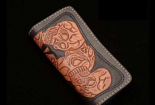 Handmade black brown leather skull carved biker wallet Long wallet clutch for men
