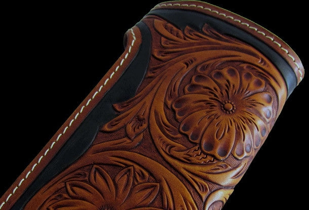 Handmade black coffee leather floral carved biker wallet Long wallet clutch for men
