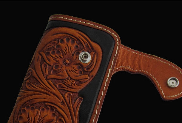 Handmade black coffee leather floral carved biker wallet Long wallet clutch for men