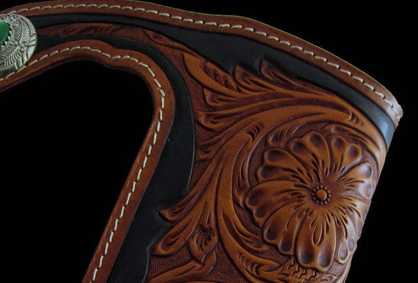 Handmade black coffee leather floral carved biker wallet Long wallet clutch for men