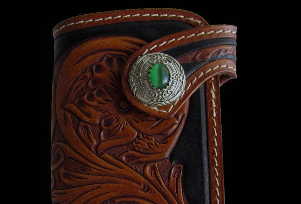 Handmade black coffee leather floral carved biker wallet Long wallet clutch for men