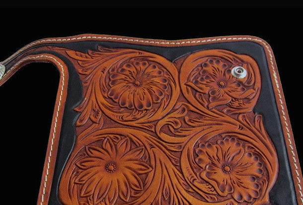 Handmade black coffee leather floral carved biker wallet Long wallet clutch for men