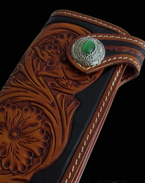 Handmade black coffee leather floral carved biker wallet Long wallet clutch for men