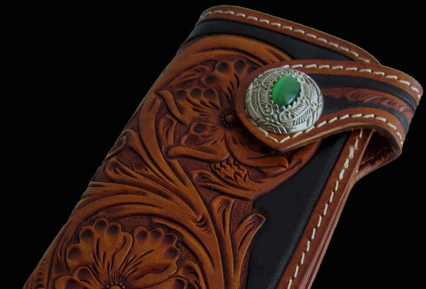 Handmade black coffee leather floral carved biker wallet Long wallet clutch for men