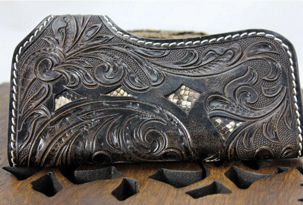 Handmade black coffee leather punk skull carved biker wallet Long wallet clutch for men