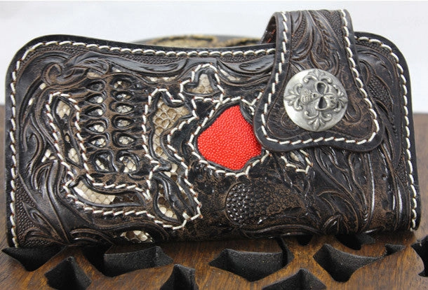 Handmade black coffee leather punk skull carved biker wallet Long wallet clutch for men