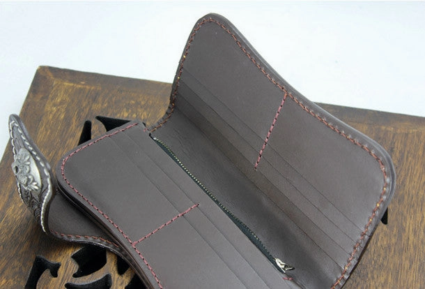 Handmade black coffee leather punk skull carved biker wallet Long wallet clutch for men