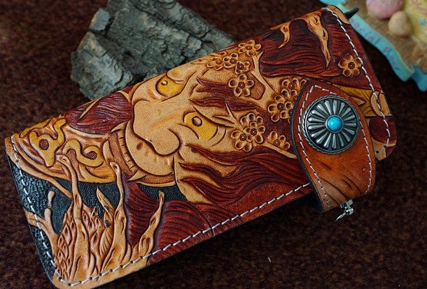 Handmade black color leather prajna carved biker wallet chain Long wallet clutch for men