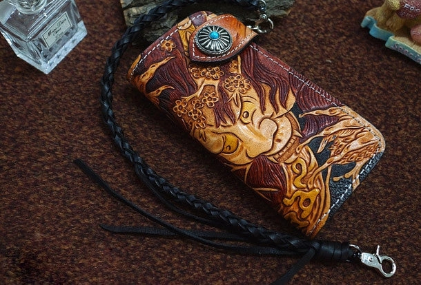 Handmade black color leather prajna carved biker wallet chain Long wallet clutch for men