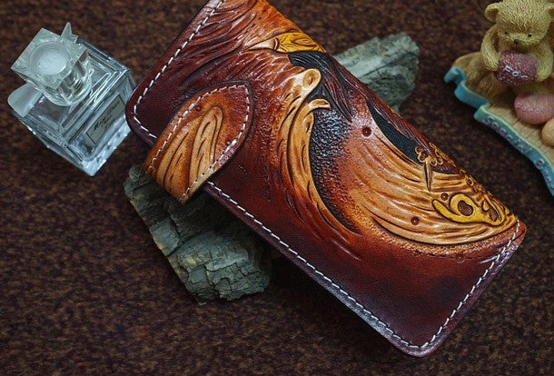 Handmade black color leather prajna carved biker wallet chain Long wallet clutch for men