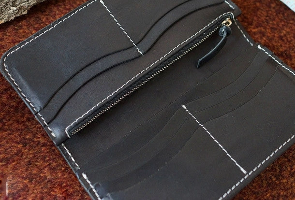 Handmade black color leather prajna carved biker wallet chain Long wallet clutch for men