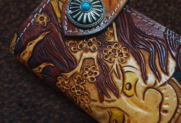 Handmade black color leather prajna carved biker wallet chain Long wallet clutch for men