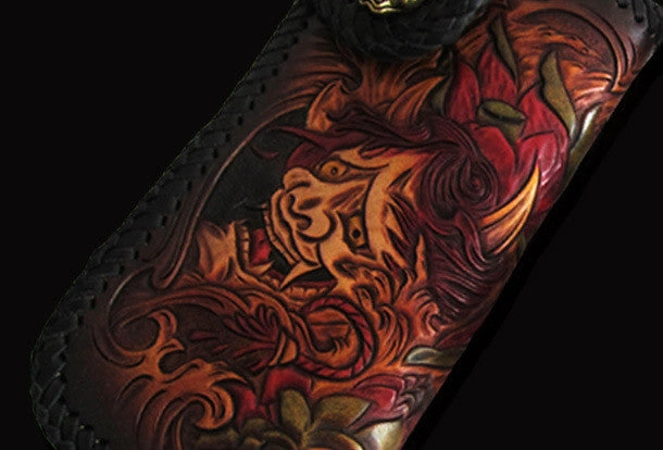 Handmade black color leather prajna carved biker wallet Long wallet clutch for men