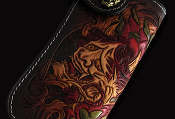 Handmade black color leather prajna carved biker wallet Long wallet clutch for men
