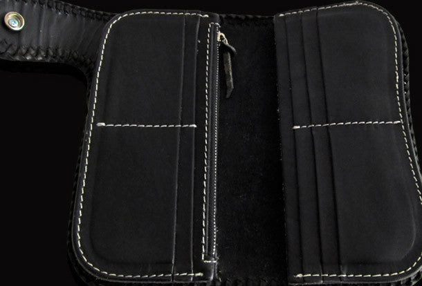 Handmade black color leather prajna carved biker wallet Long wallet clutch for men